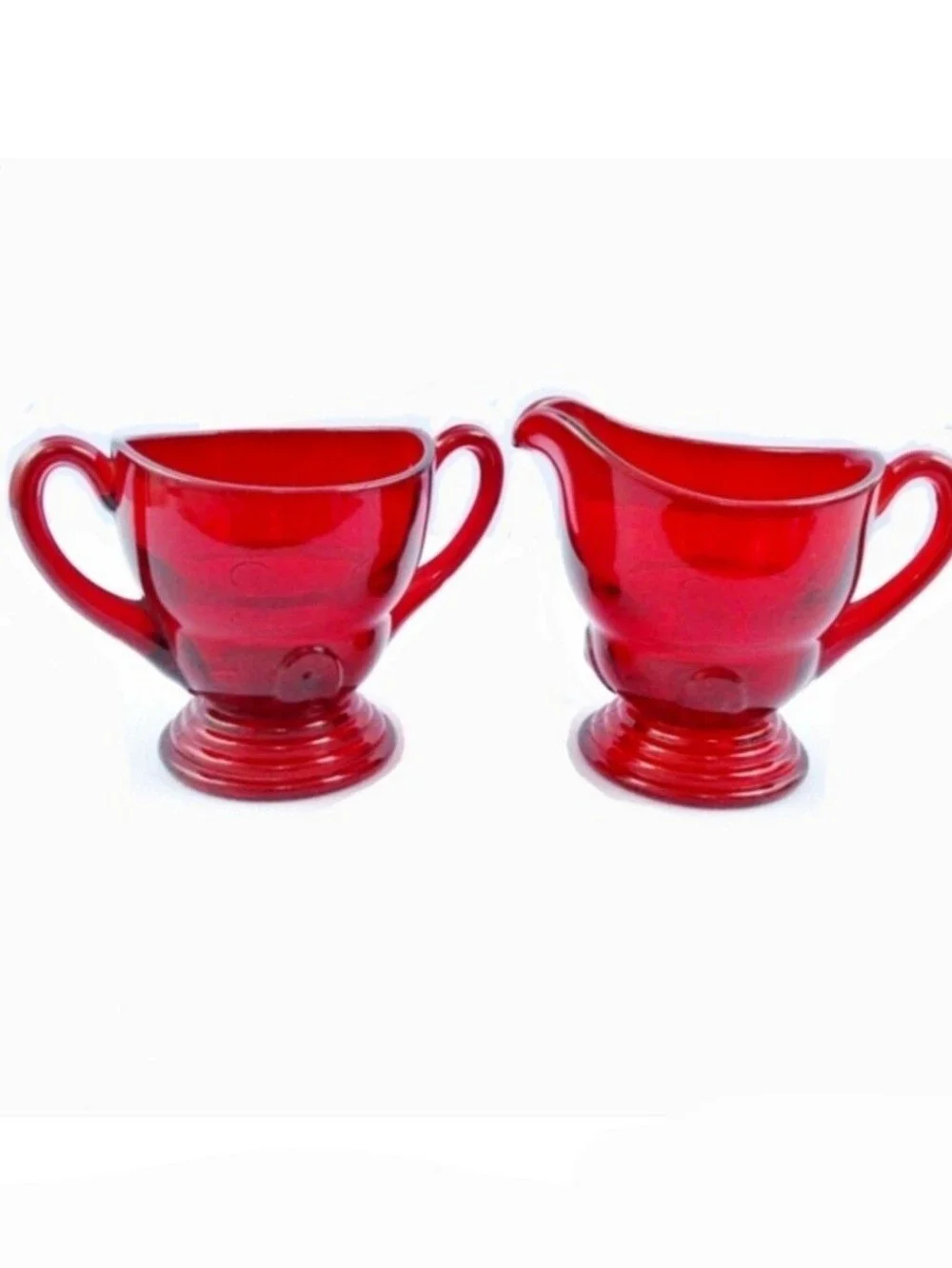 Vintage Martinsville Moonstone Pattern Red Ruby Glass Set Of Creamer And Sugar